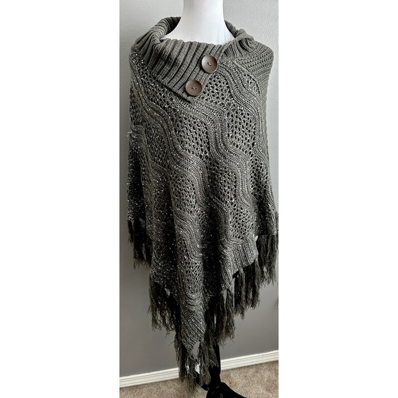 Womens Gray 2 Button Cowl Neck Cable Knit Fringe Poncho Sequin Front Sweater EUC - Picture 1 of 5